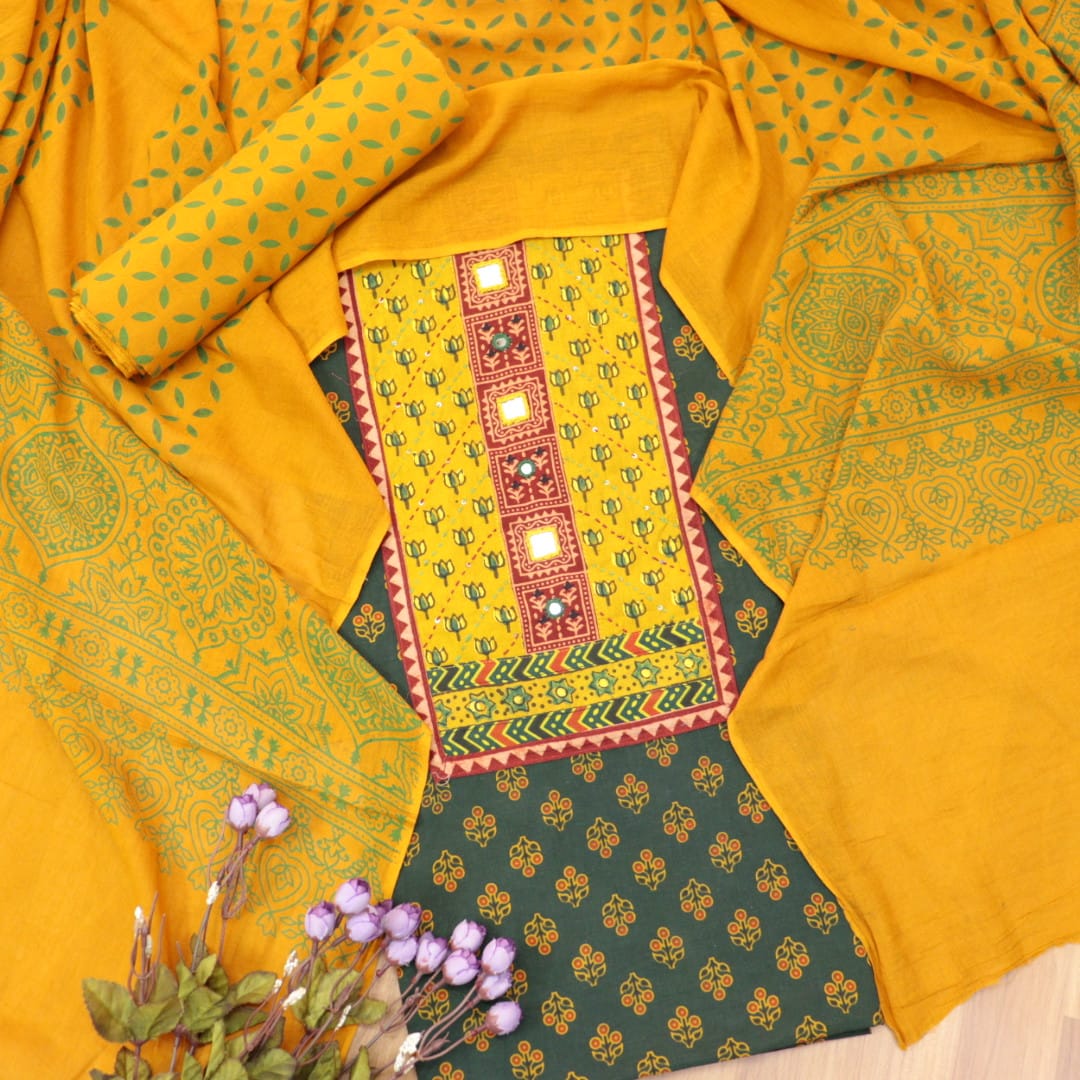 Chandni Grass Green Lotus Print Patch with Mirror Work Cotton Suit Set