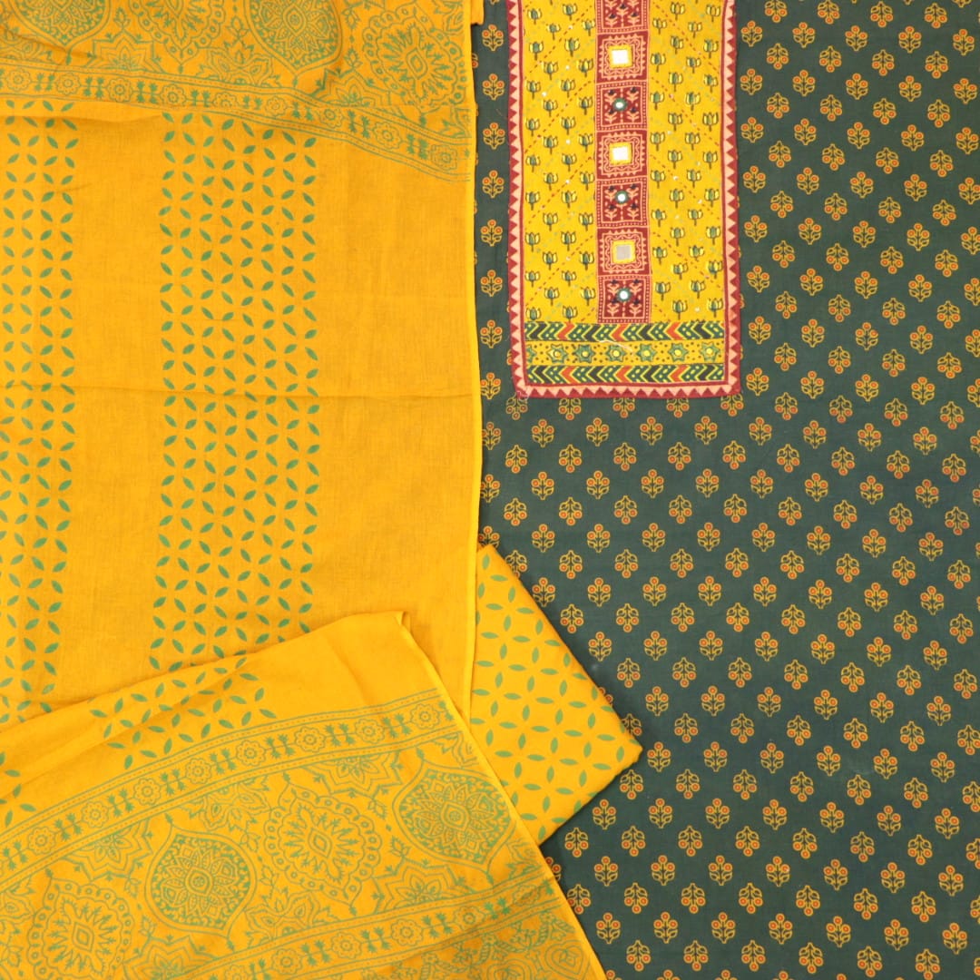 Chandni Grass Green Lotus Print Patch with Mirror Work Cotton Suit Set