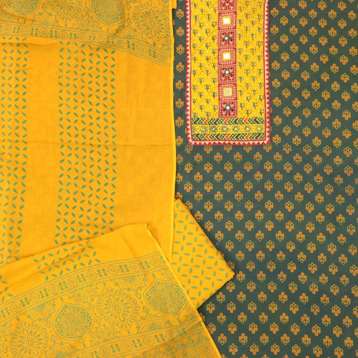 Chandni Grass Green Lotus Print Patch with Mirror Work Cotton Suit Set