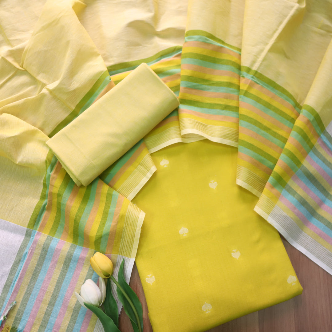 Pankudi Sunflower Yellow All Over Thread Weaved Work Cotton Suit Set