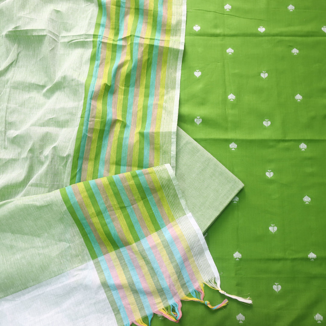 Pankudi Parrot Green All Over Thread Weaved Work Cotton Suit Set