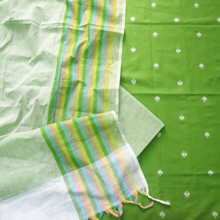 Pankudi Parrot Green All Over Thread Weaved Work Cotton Suit Set