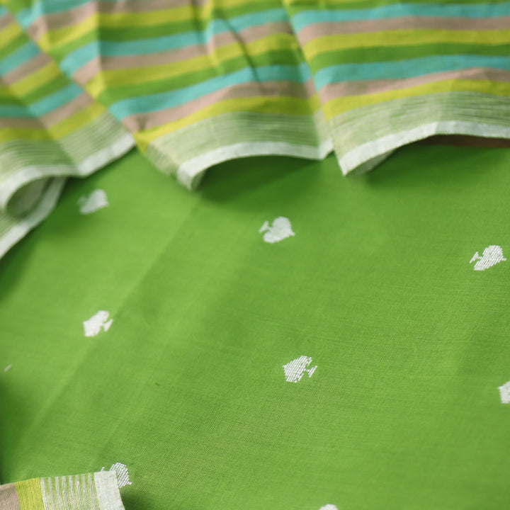 Pankudi Parrot Green All Over Thread Weaved Work Cotton Suit Set