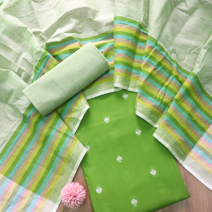 Pankudi Parrot Green All Over Thread Weaved Work Cotton Suit Set