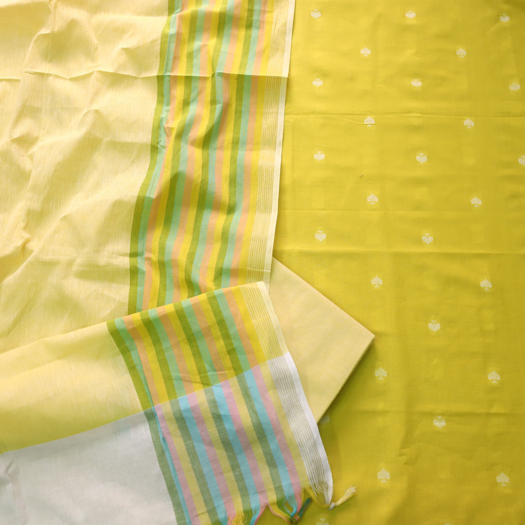 Pankudi Sunflower Yellow All Over Thread Weaved Work Cotton Suit Set