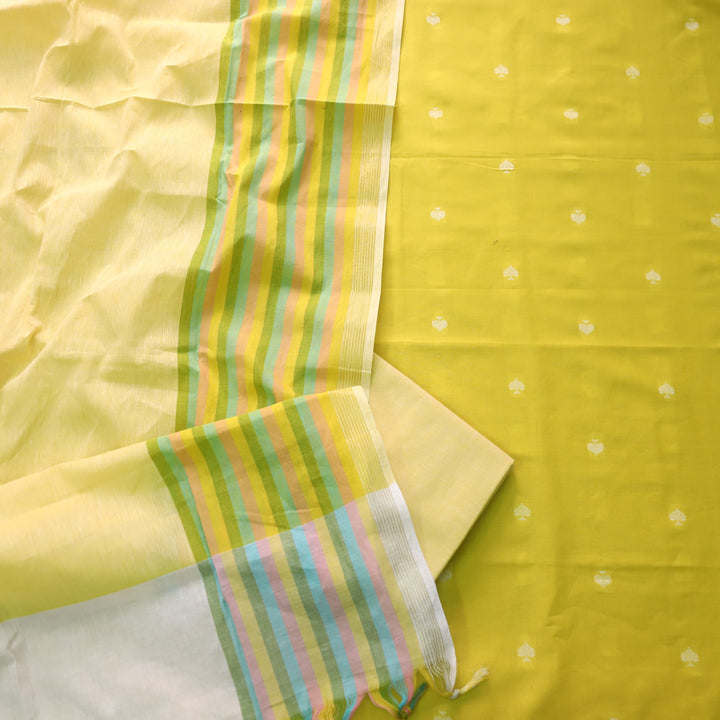 Pankudi Sunflower Yellow All Over Thread Weaved Work Cotton Suit Set