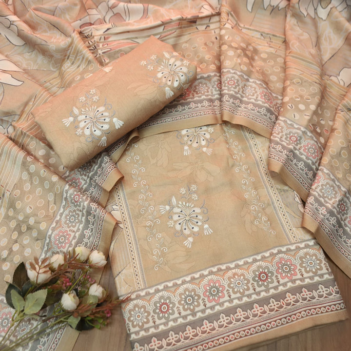 हरदीप Pastel Peach Defined By Floral Printed Work Semi Pashmina Winter Set