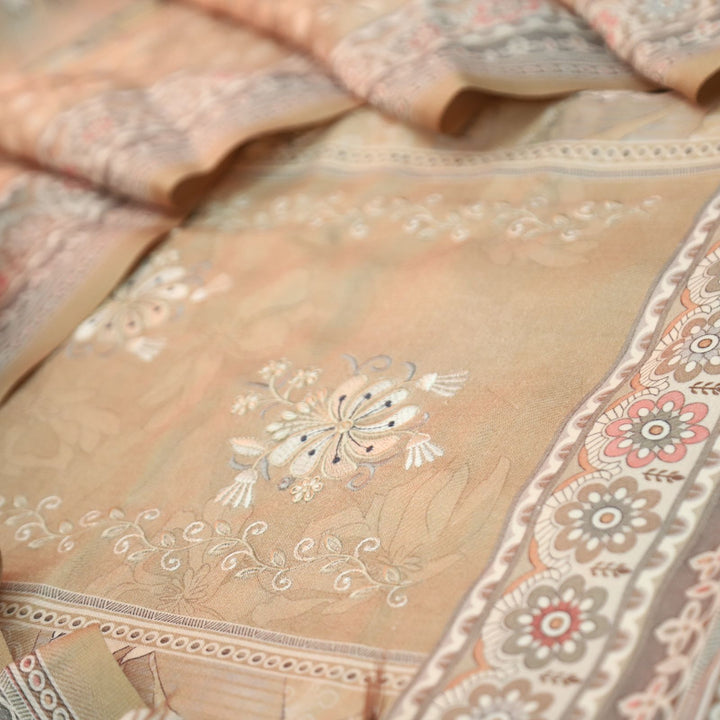 हरदीप Pastel Peach Defined By Floral Printed Work Semi Pashmina Winter Set