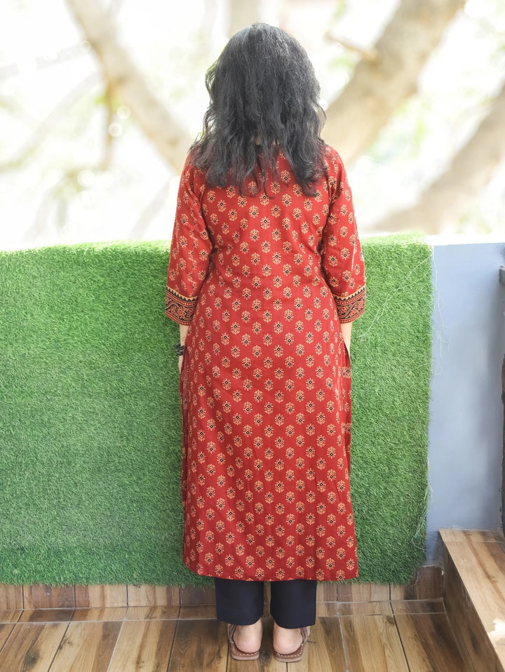Sofia Maroon Red Panel Ajrak Printed Cotton Kurti