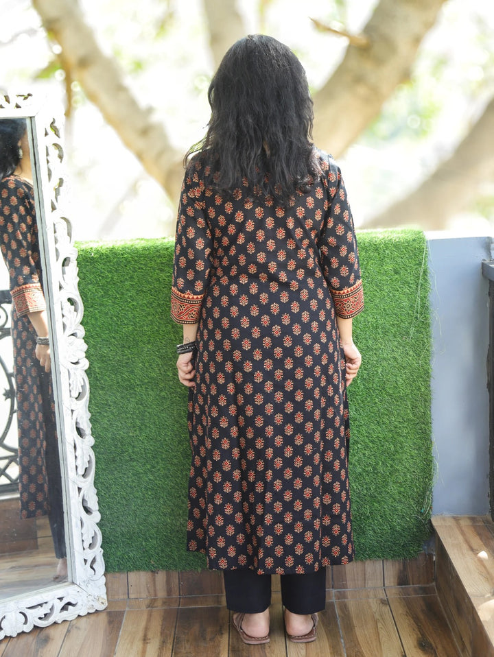 Sofia Black Panel Ajrak Printed Cotton Kurti