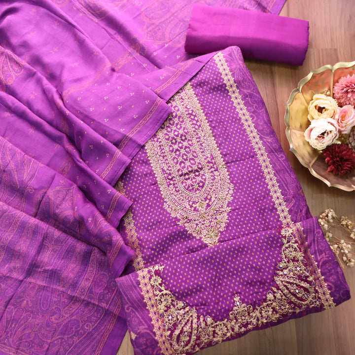 Naari Jamuni Puple Zari Woven Brocade Patch Silk Set