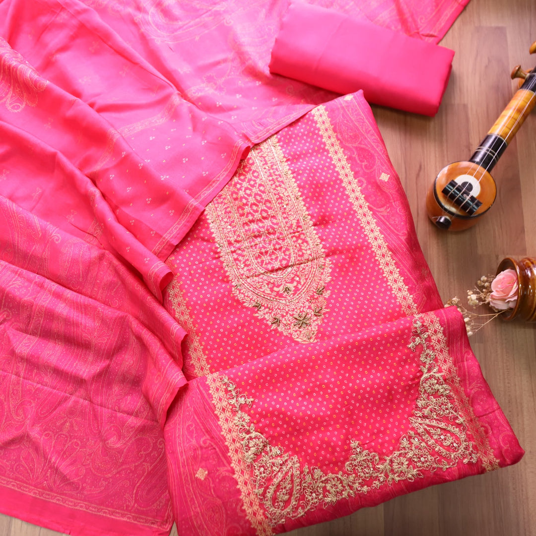 Naari Rani Pink Zari Woven Brocade Patch Silk Set