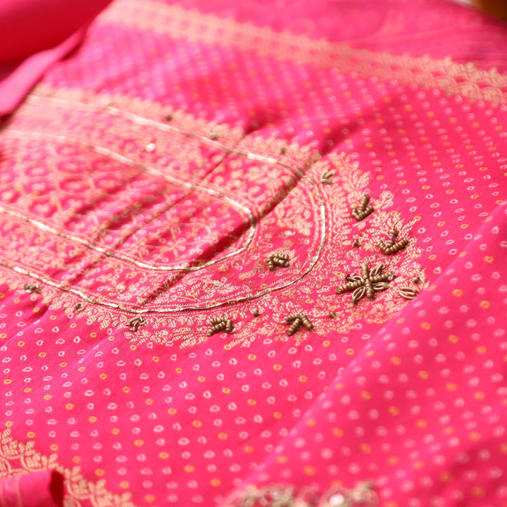 Naari Rani Pink Zari Woven Brocade Patch Silk Set