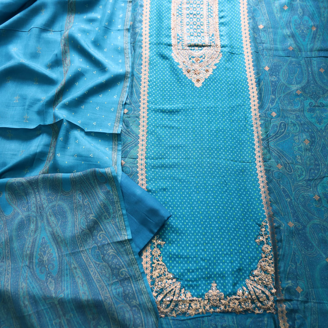 Naari Ocean Teal Zari Woven Brocade Patch Silk Set