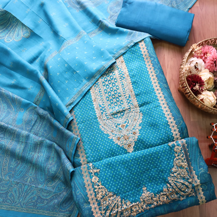 Naari Ocean Teal Zari Woven Brocade Patch Silk Set