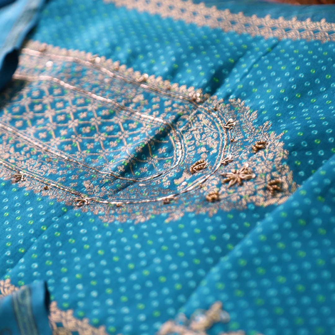 Naari Ocean Teal Zari Woven Brocade Patch Silk Set