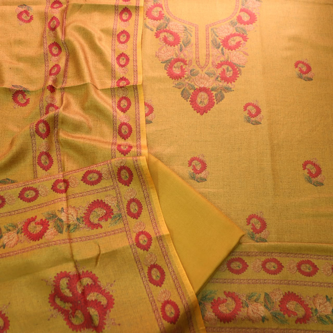 Mahima Canary Yellow Digital Kashmiri Printed Semi Pashmina Winter Set
