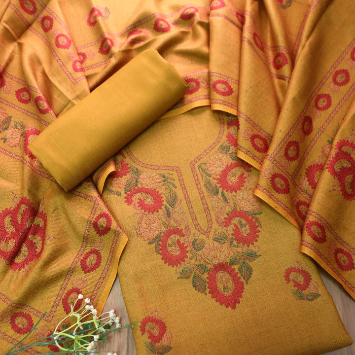 Mahima Canary Yellow Digital Kashmiri Printed Semi Pashmina Winter Set