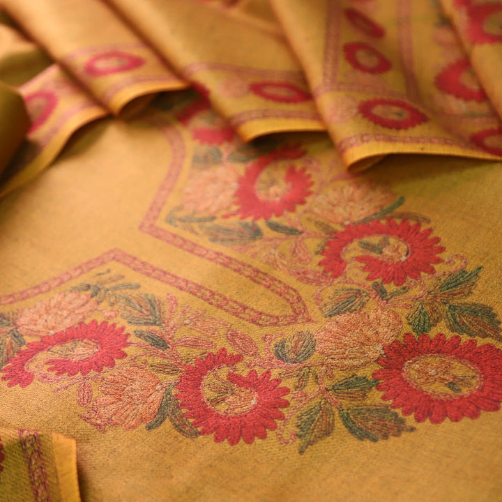 Mahima Canary Yellow Digital Kashmiri Printed Semi Pashmina Winter Set