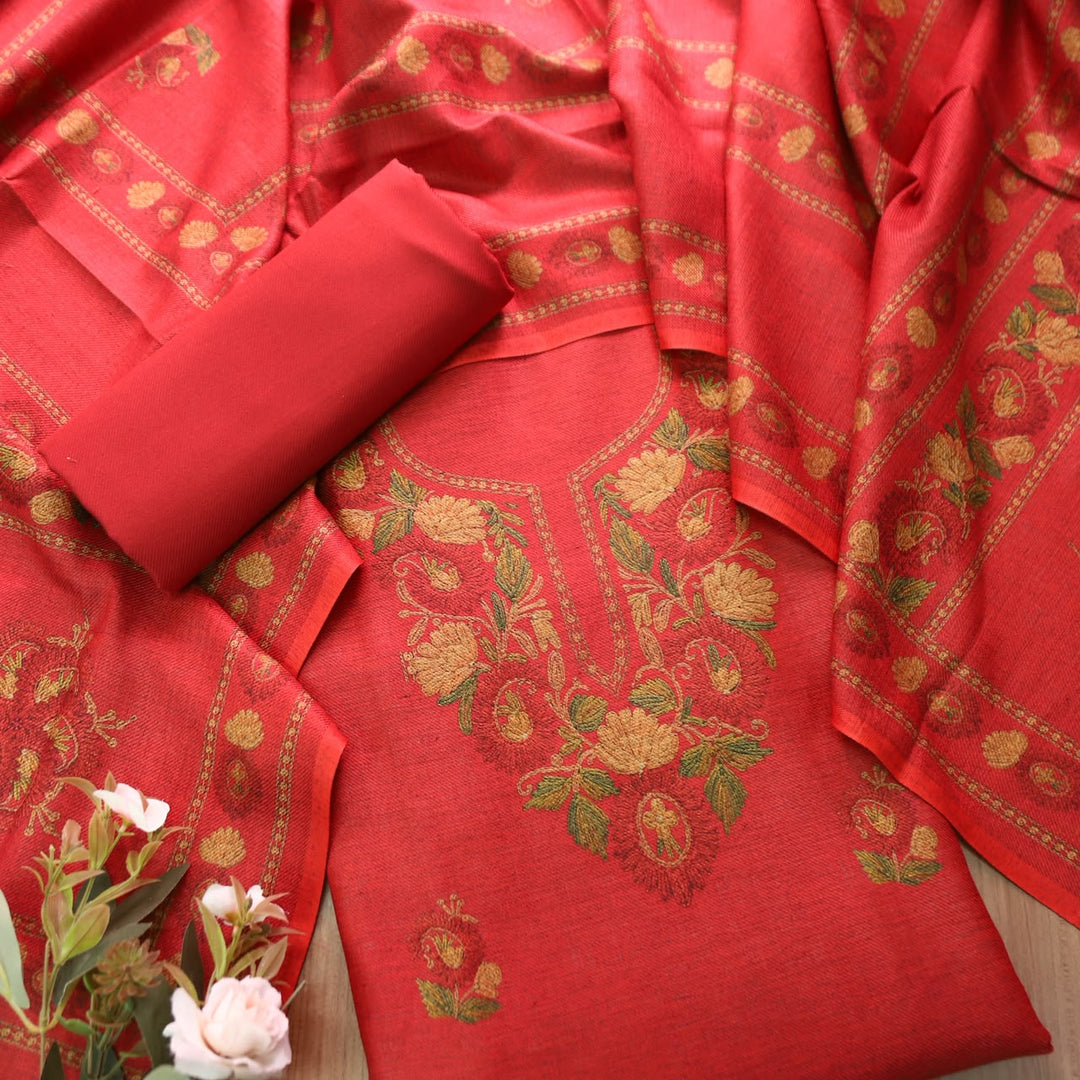 Mahima Crimson Pink Digital Kashmiri Printed Semi Pashmina Winter Set