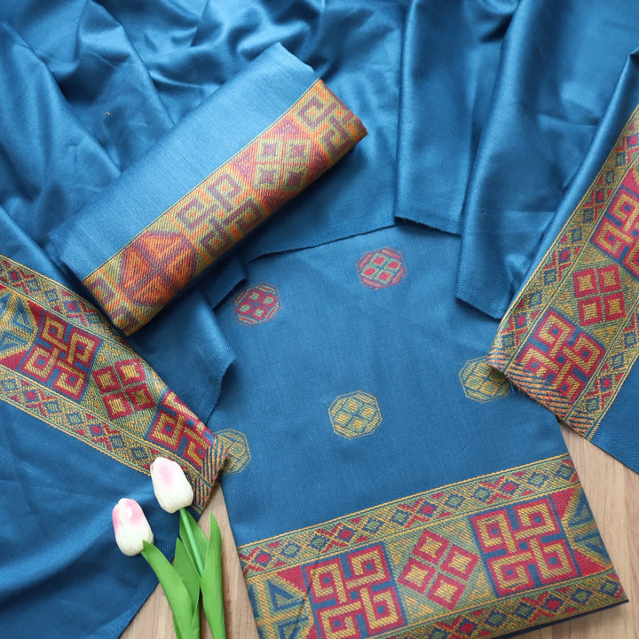 बेगमजान Space Blue Kullu Thread Weaved Hem Semi Pashmina Winter Suit Set