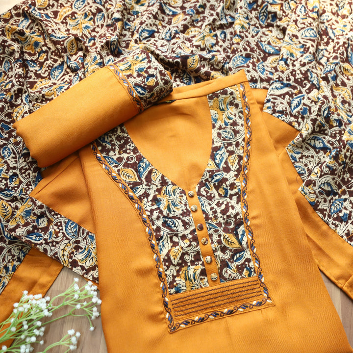 Niharika Bright Yellow Thread with Floral Print Yoke Semi Pashmina Winter Set