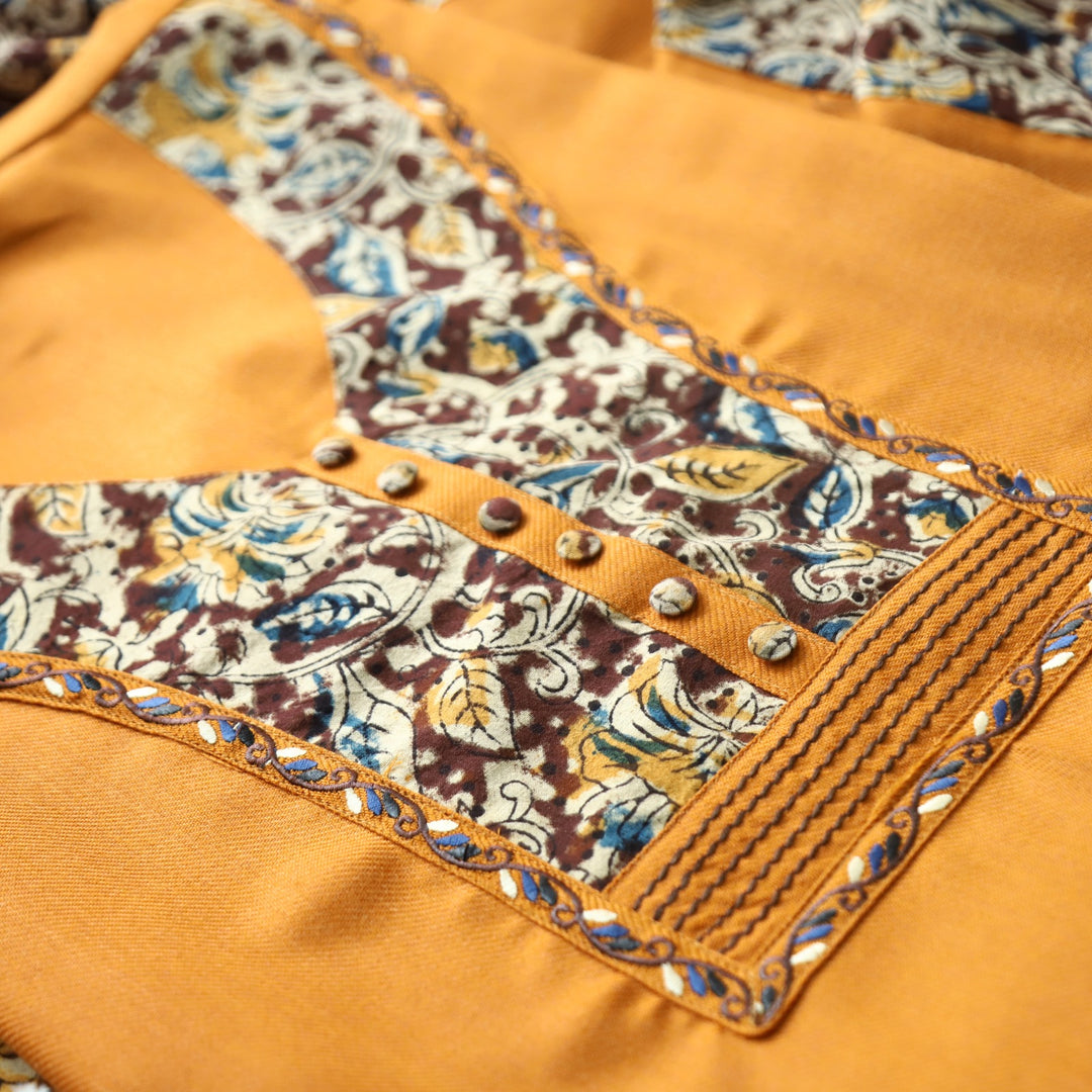 Niharika Bright Yellow Thread with Floral Print Yoke Semi Pashmina Winter Set