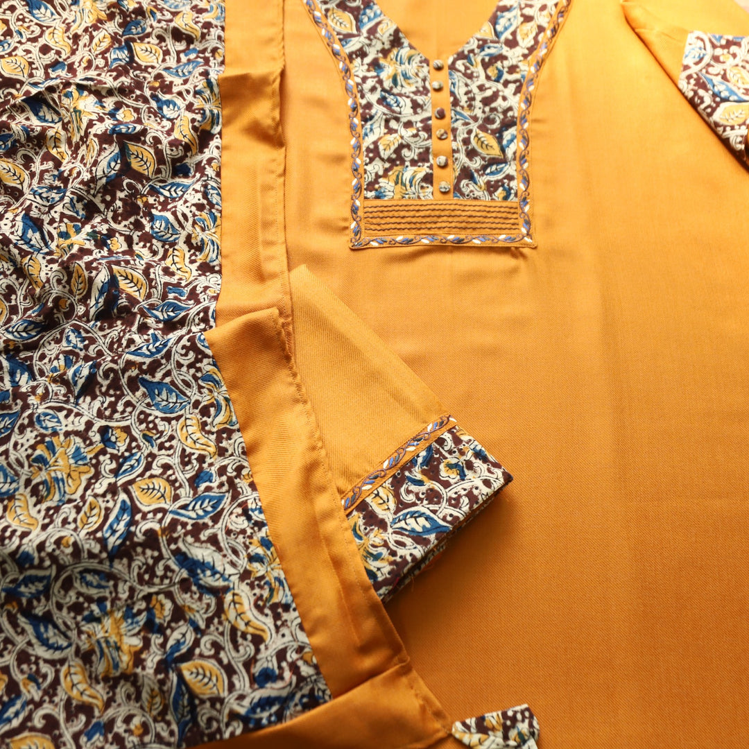 Niharika Bright Yellow Thread with Floral Print Yoke Semi Pashmina Winter Set