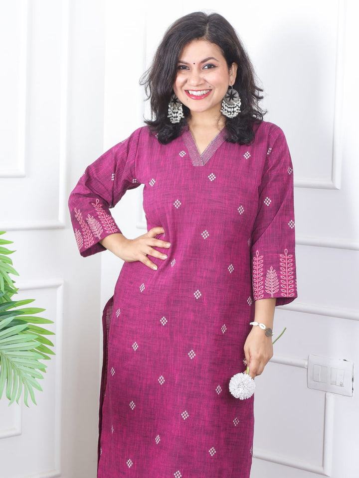 चांदनी Blueberry Purple V Neck with Thread Buti Work Cotton Kurti