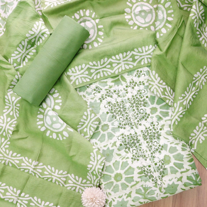 Sadhna Parrot Green Thread Embroidered Neck Batik Print Cotton Suit Set