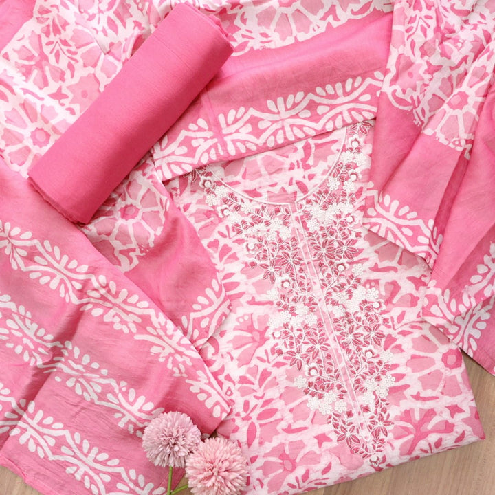 Sadhna Candy Pink Thread Embroidered Neck Batik Print Cotton Suit Set
