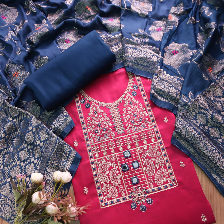 Zareen Mulberry Purple Zari Embellish Neck Work with Mirror Glazed Cotton Suit Set