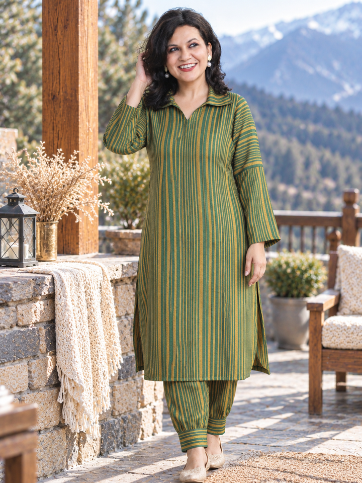 Chehak Army Green Stripe Print Winter Twill Co-ord Set