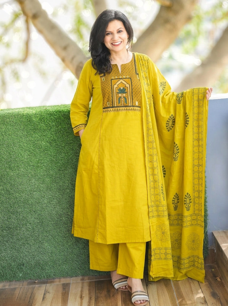 Malvi Yellow with Ajrak Yoke Mirror Work Cotton 3 Piece Set
