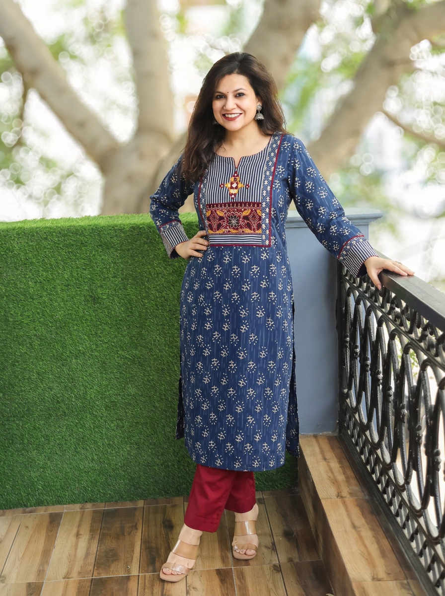 Arya Cerulean Blue Kutch Yoke Winter Twill Kurti