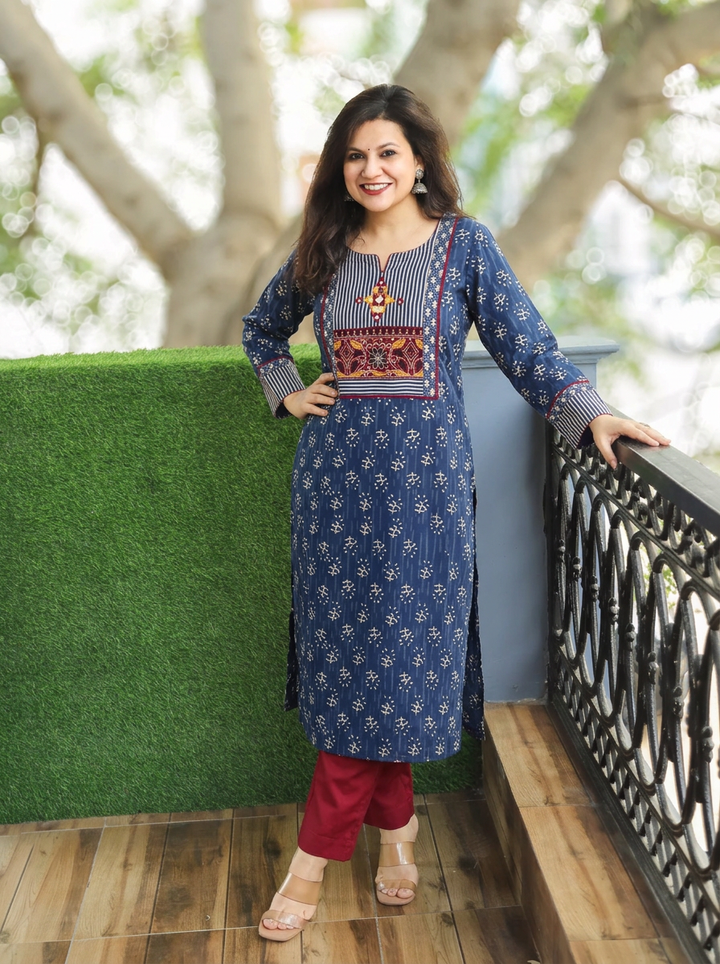 Arya Cerulean Blue Kutch Yoke Winter Twill Kurti