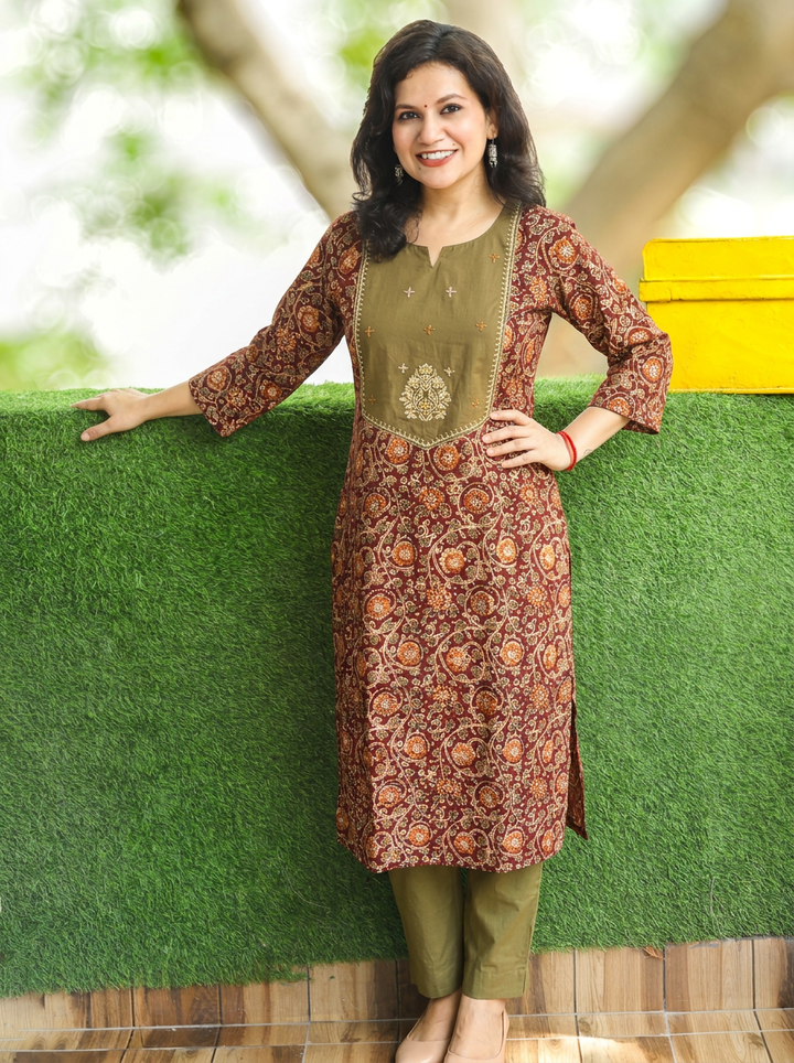 Advika Green Yoke with Maroon Kalamkari Print Cotton 2 Piece Set
