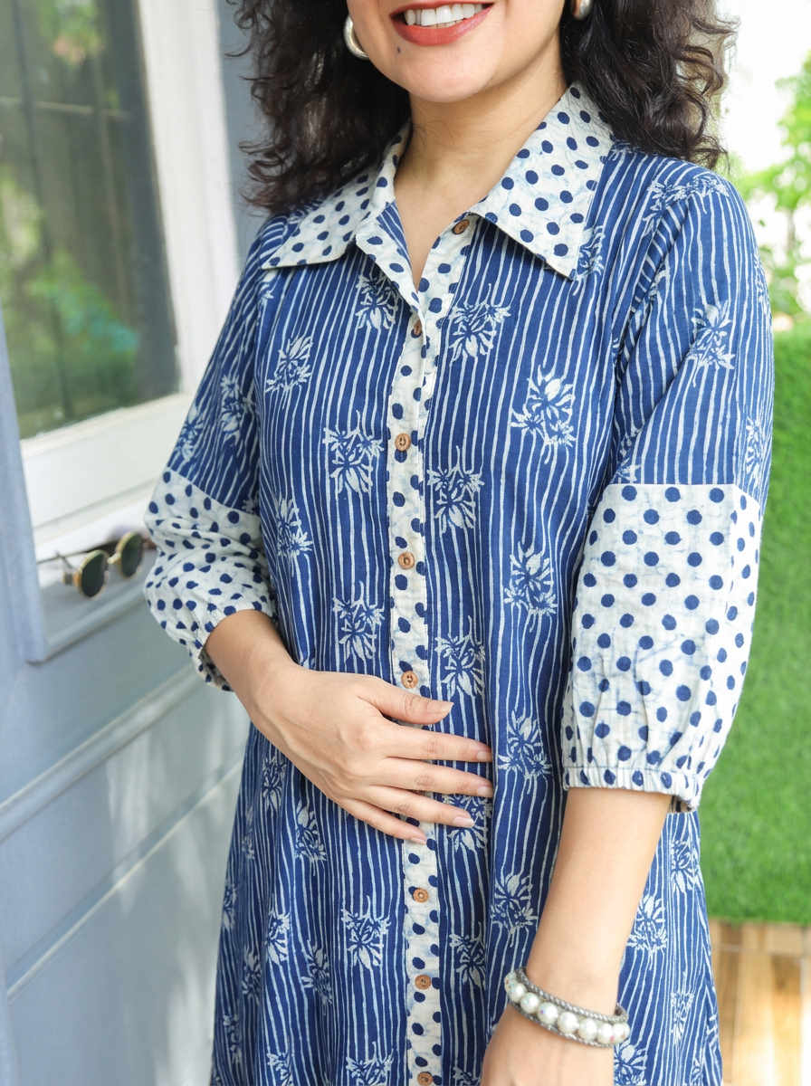 Asya Stone Blue Dabu Printed Button Down Cotton Dress