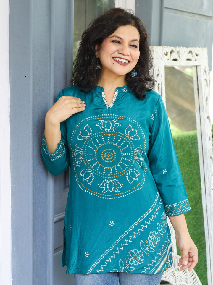 Mansi Firoji Blue Bandhani Print Crepe Short Kurti