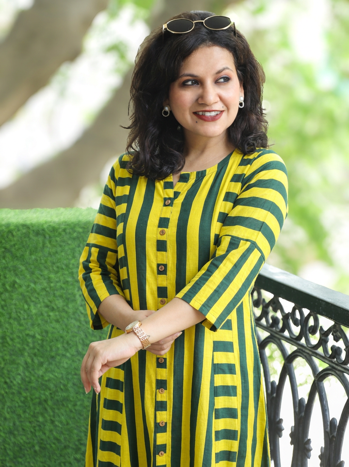 Samiya Yellow Dark Green Semi Natural Stripe Print Co-ord Set