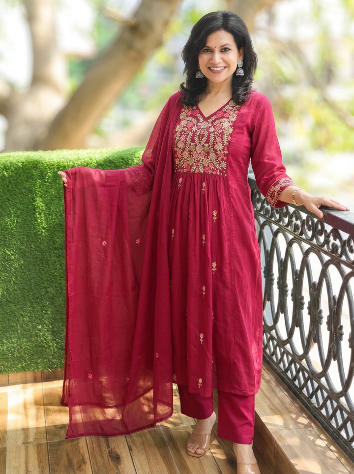 Ruchi Berry Red Embroidered Mul Cotton 3 Piece Set