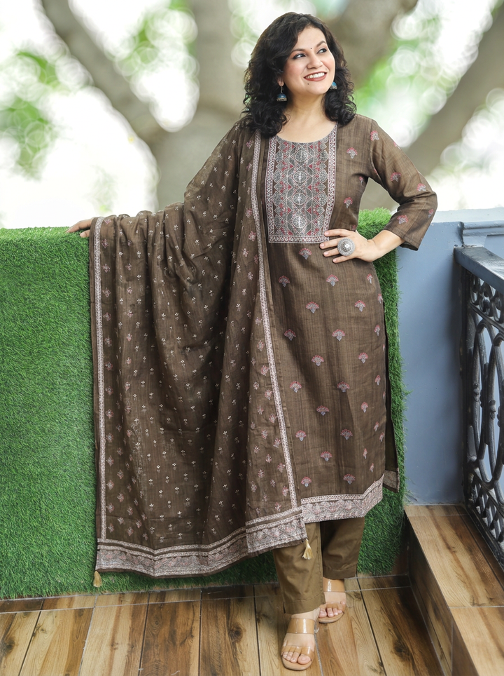 Khushi Tan Olive Digital Printed Neck with Kantha Detailing Chanderi 3 Piece Set