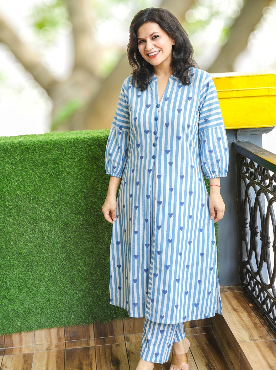 Nisya White with Blue Hand-Block Stripe Printed Cotton Co-ord Set