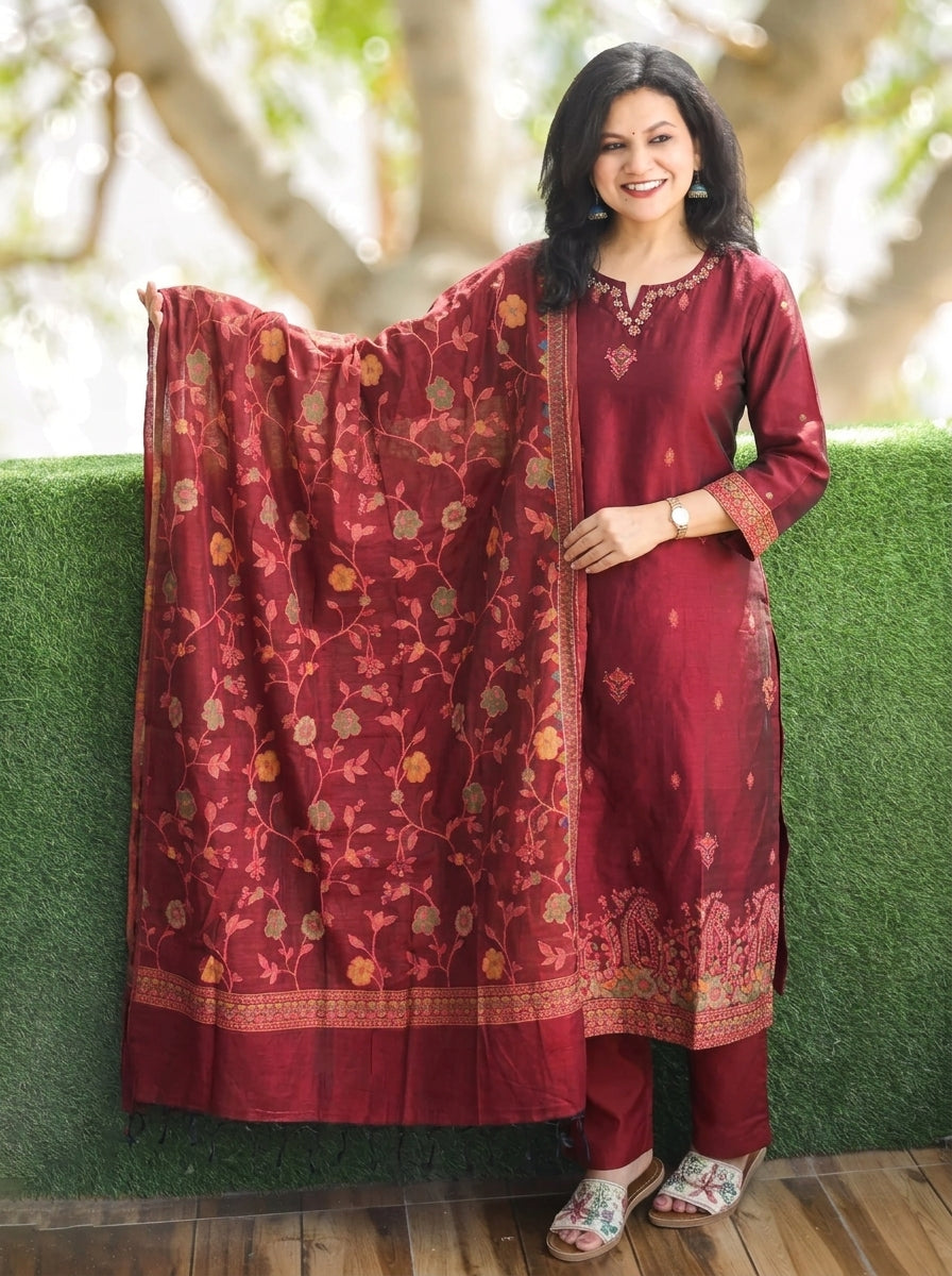 Nishroop Red Floral Weaved Jamdani 3 Piece Set