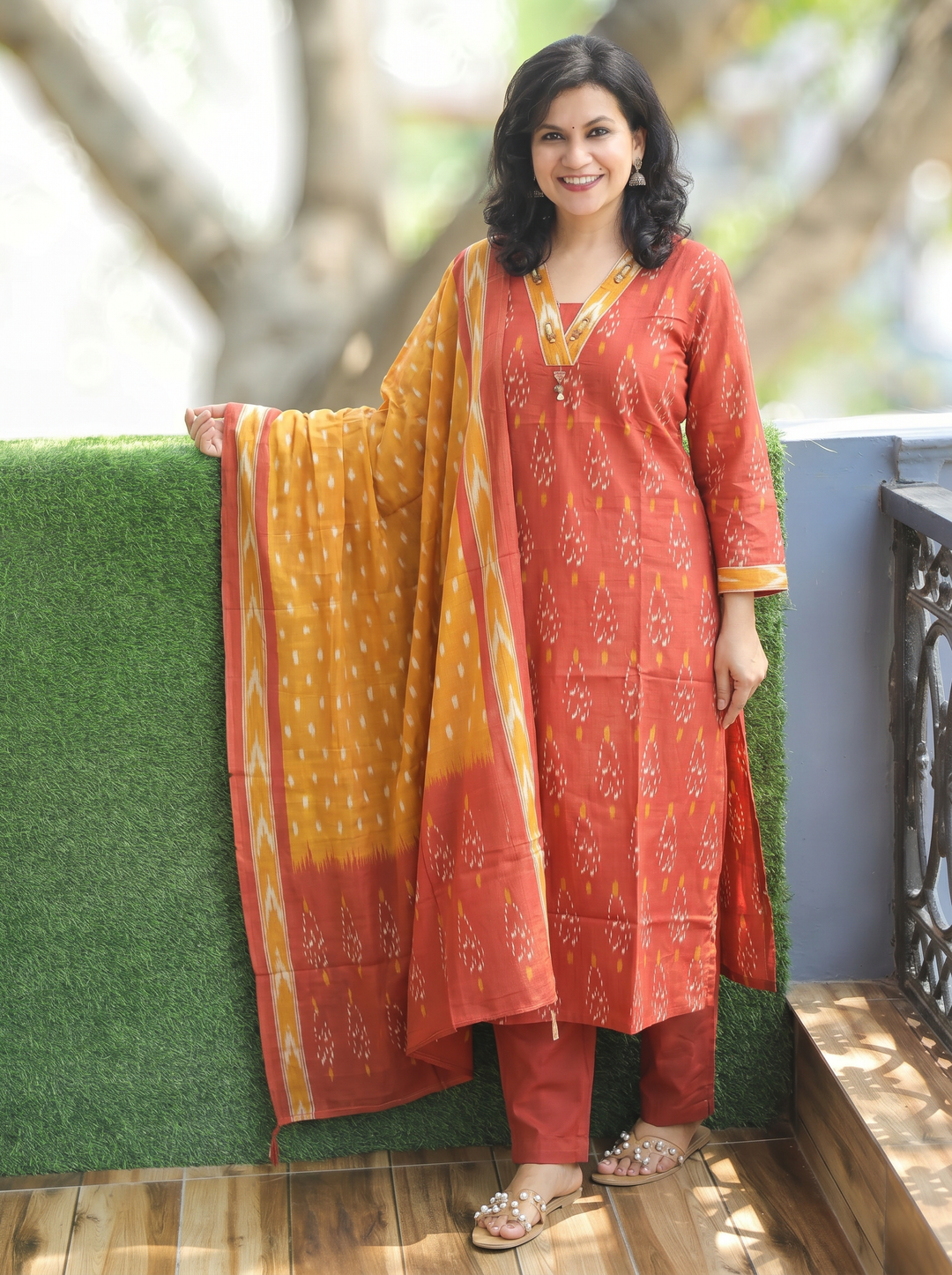 Shrivali Burnt Rust Ikkat Cotton 3 Piece Set