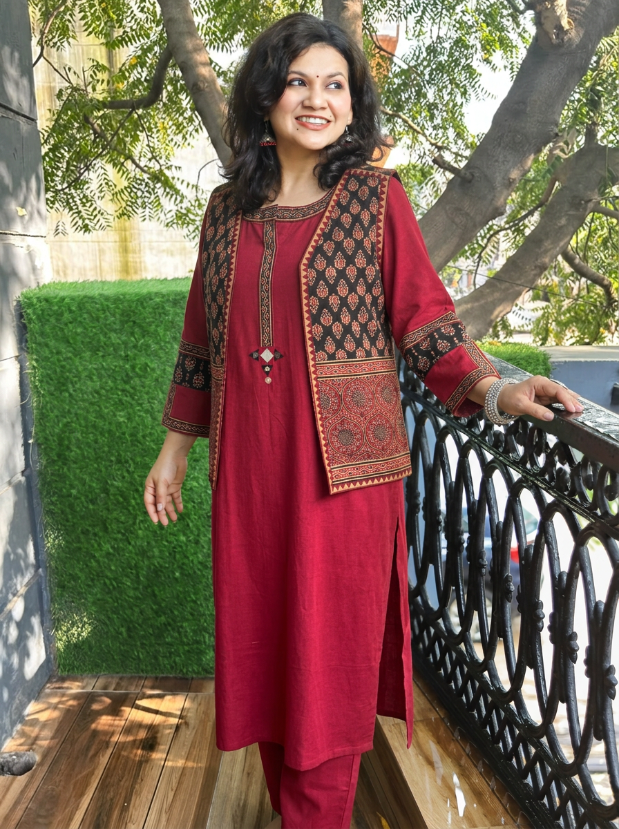 Sanjj Berry Red Co-ord Set with Gamthi Print Jacket
