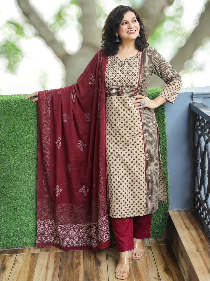 Mahi Indigo Blue Panel Style Dabu Printed Cotton 3 Piece Set