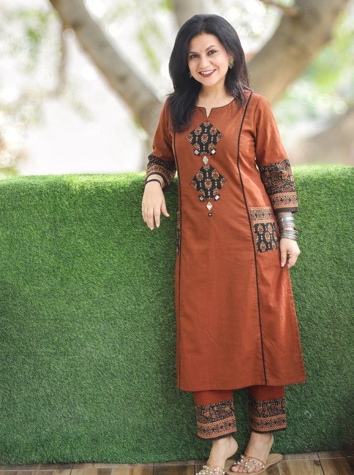 Karishma Burnt Rust Ajrakh Patch with Mirror Panel Style Cotton Co-ord Set