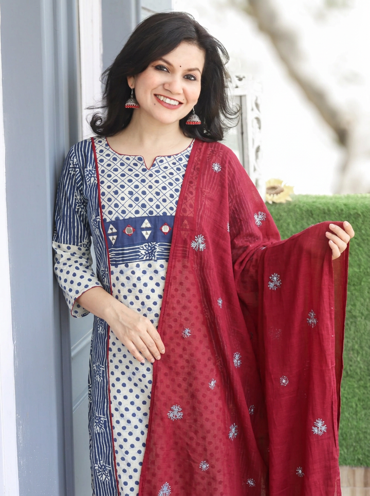 Anshuli Faded Blue Panel Style Dabu Printed Cotton 3 Piece Set