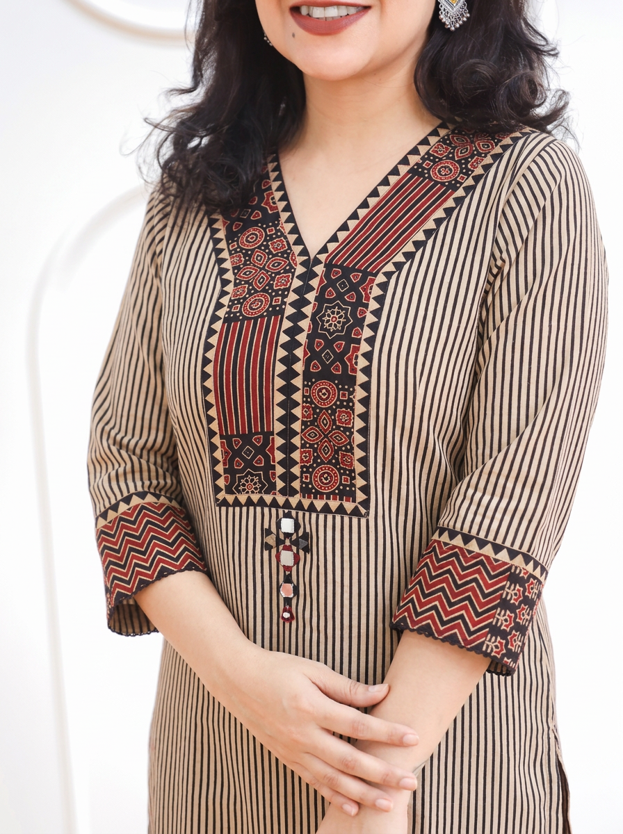 Amulya Onxy Black Ajrakh Patch Stripe Print Cotton Co-ord Set